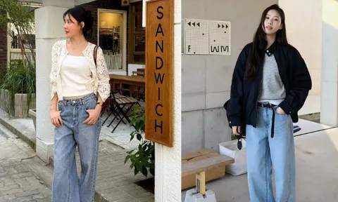 Phụ nữ Hàn mặc quần jeans ống rộng rất đẹp với 5 công thức