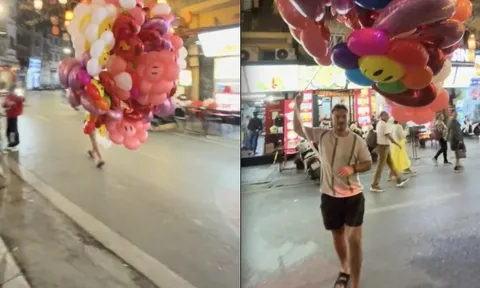 Mua bóng bay giá 1 triệu ở phố cổ Hà Nội, khách Tây bất ngờ chạy nhảy giữa đường đầy khó hiểu