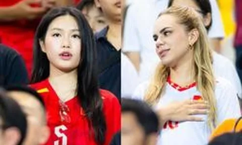 Cận cảnh Doãn Hải My visual sáng bừng, vợ Xuân Son đặt tay lên ngực hát quốc ca đầy cảm xúc trong trận đấu của ĐT Việt Nam