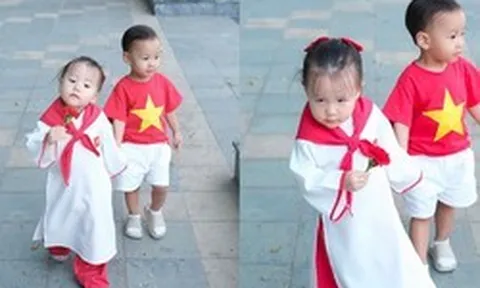 Phương Oanh khoe ảnh cặp sinh đôi mừng Tết Độc Lập, nhìn biểu cảm của cô con gái mà ai cũng phì cười